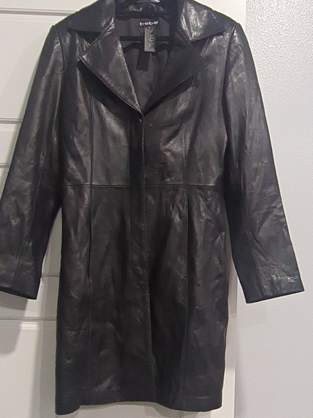 bebe Y2K Vintage 90s Gothic Black Longline Leather Coat Size M